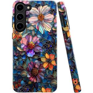 Case for Samsung Galaxy S23 Plus, Colorful Floral Flower Art Phone Case Drop Resistant Glossy 2 in 1 Solid Dual-Layer Cover for Girl Women