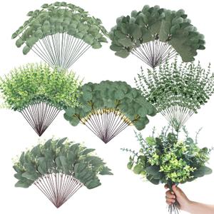 Ceenna 300 Pcs 6 Kinds Mixed Eucalyptus Leaves Stems Bulk Artificial Eucalyptus Leaves Sprays Silver Dollar Faux Greenery Picks Bundle for Wedding Vase Floral Arrangement Decor