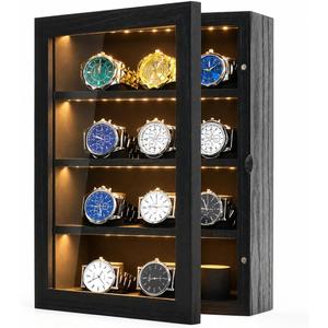 Watch Cases for Men 12-Slot Watch Display Case with LED Wooden Wall Mount Watch Display 4 Layers Watch Storage Box with Acrylic Magnetic Door & Velvet Lining Gift for Men