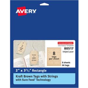 Avery Kraft Brown Rectangle Tags, Sure Feed Technology, 2" x 3.5", Laser/Inkjet Printable, 64 Total, Strings Included, Also Great for Gifts and Favors (80517)