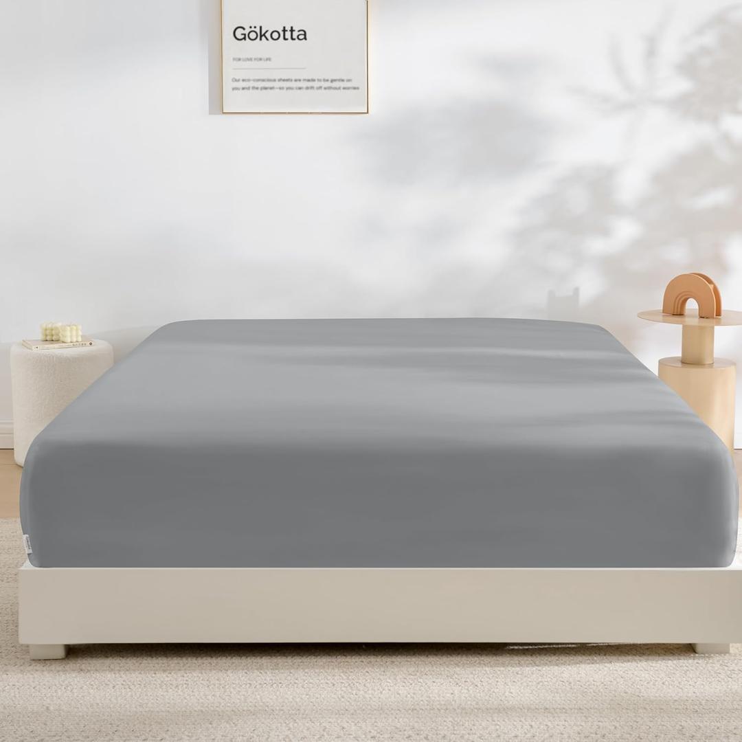 GOKOTTA Fitted Sheet Only - 16 Inch Pocket Bamboo Rayon Fitted Sheet, Super Soft and Cooling Bottom Sheet with 4 Elastic Corner Straps(Grey, King Size)