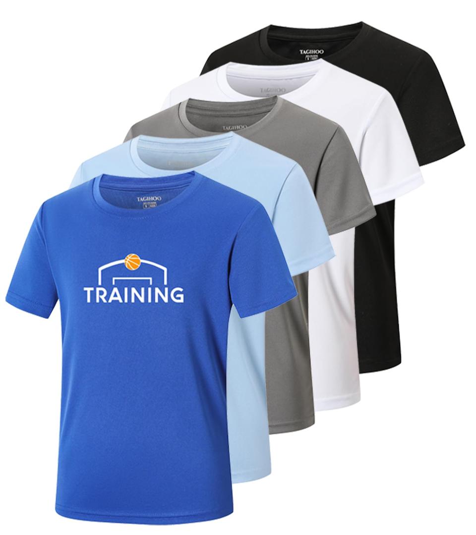 TAGIHOO 5 Pack Boys Mesh Athletic Quick Dry Short Sleeve Workout Moisture Wicking Active T-Shirt for Kids(YH-A,XL)