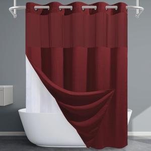 Burgundy No Hook Shower Curtain with Snap in Liner,230GSM Waffle Weave Shower Curtains for Bathroom,71W x 74H