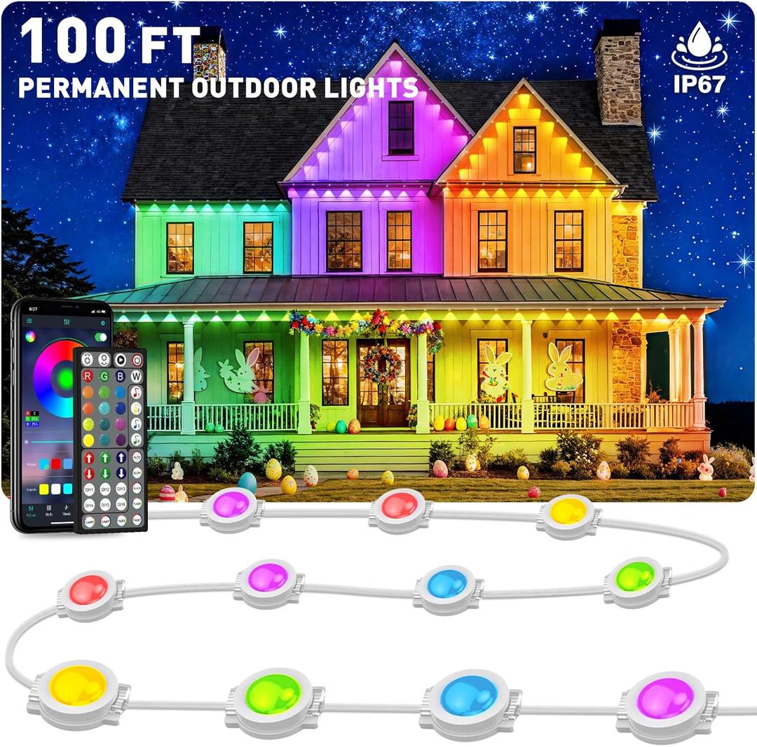 100FT Permanent Outdoor Lights, IP67 Waterproof for House Roof, Holiday, Party, Daily Lighting, Smart RGB Outdoor Lights with Remote APP Control & DIY Scenes