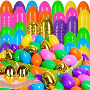 Olixmlya [6 Golden Eggs] 100 PCS 2.4" Fillable Plastic Easter Eggs Empty Easter Eggs Colorful Plastic Eggs Bulks Easter Basket Stuffers Hunt Easter Party Favor for Kids Teens Boys Girls
