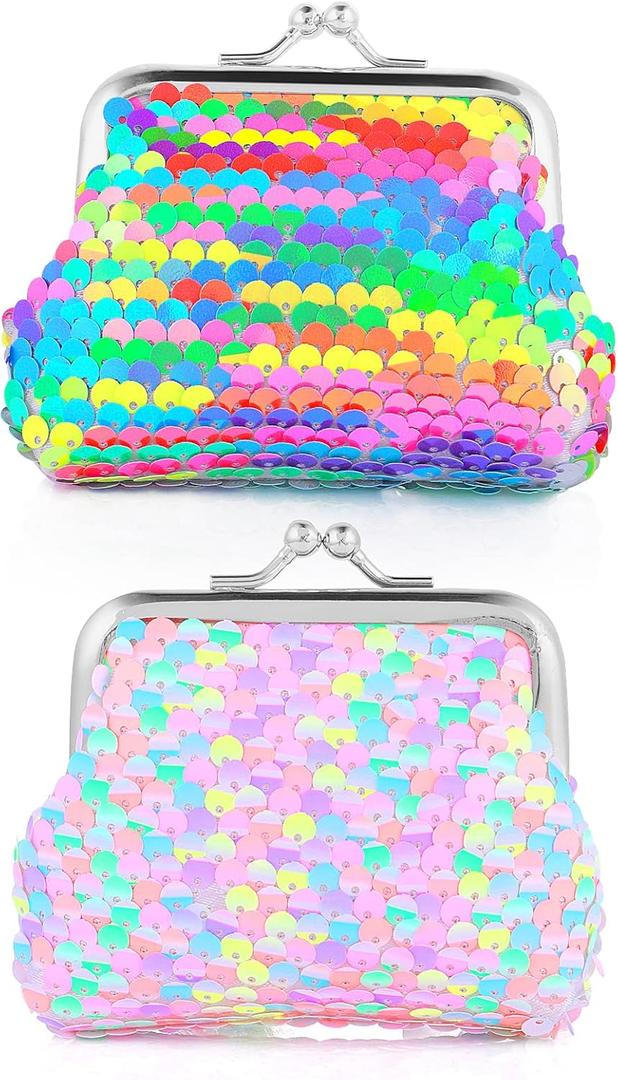 2 Pieces Coin Purse Kids Purse Girls Handbags Double Sided Sequin Mini Wallet Kiss Lock Coin Purse for Party Christmas Birthday Valentine's Day Gifts