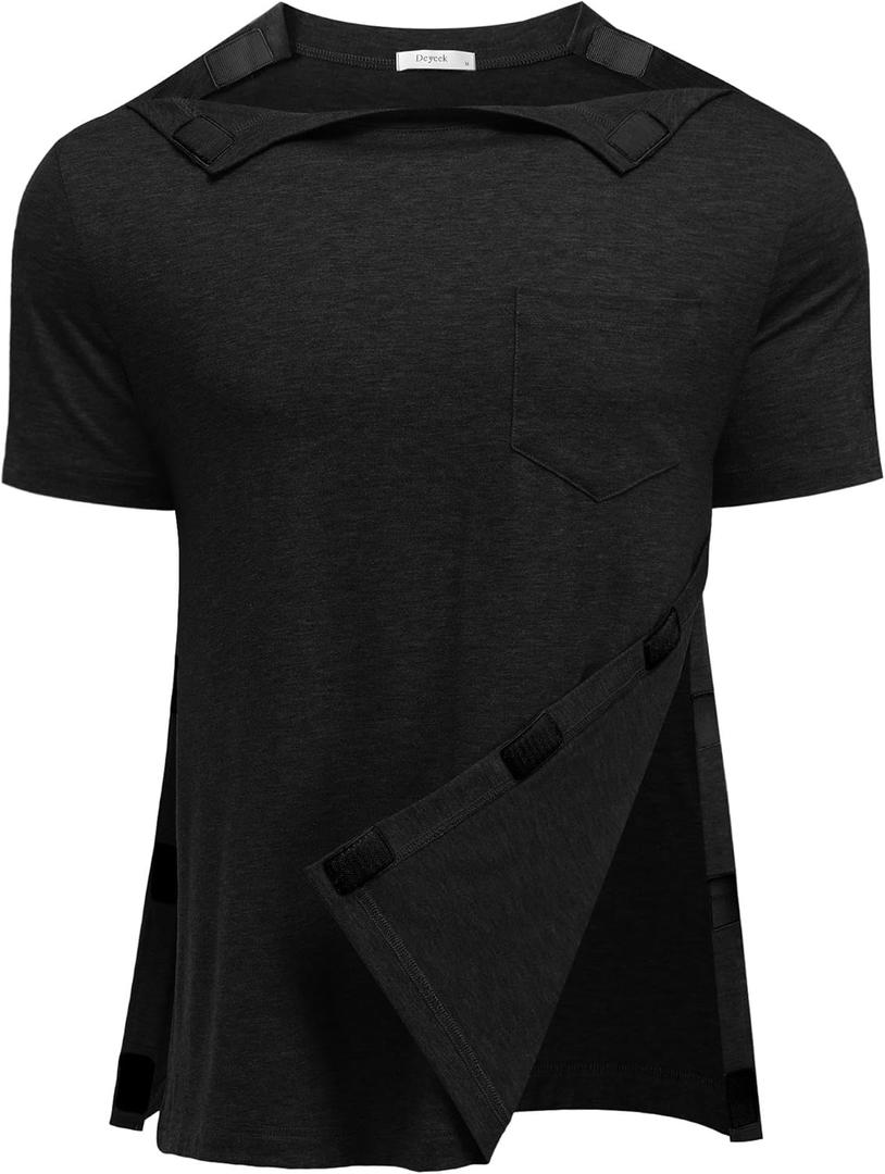 Deyeek Shoulder Post Surgery Recovery Shirts for Men Full Tear Away Short Sleeve T Shirt Adaptive Chemo Clothing (Black, XXXL)