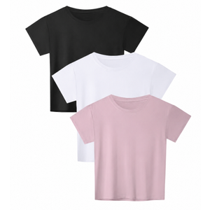 HOPLYNN 3 Pack Crop Top T Shirts for Women Workout Gym Athletic Running Yoga Casual Short Sleeve Crew Neck Tee Shirts Tops 1 Black 1 White 1 Pink, Medium