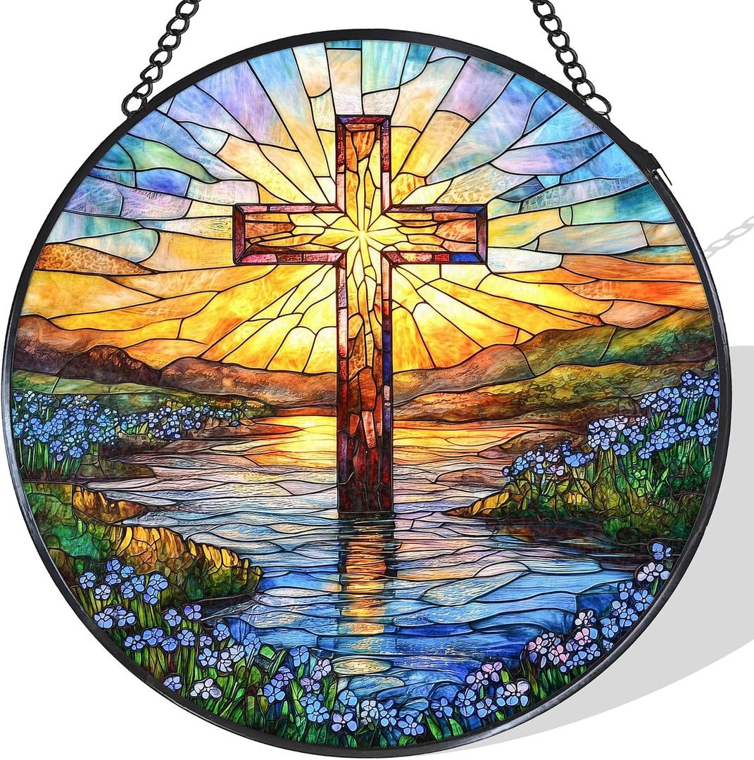 Cross Christian Stained Glass Window Hanging Suncatcher 7.8Inch