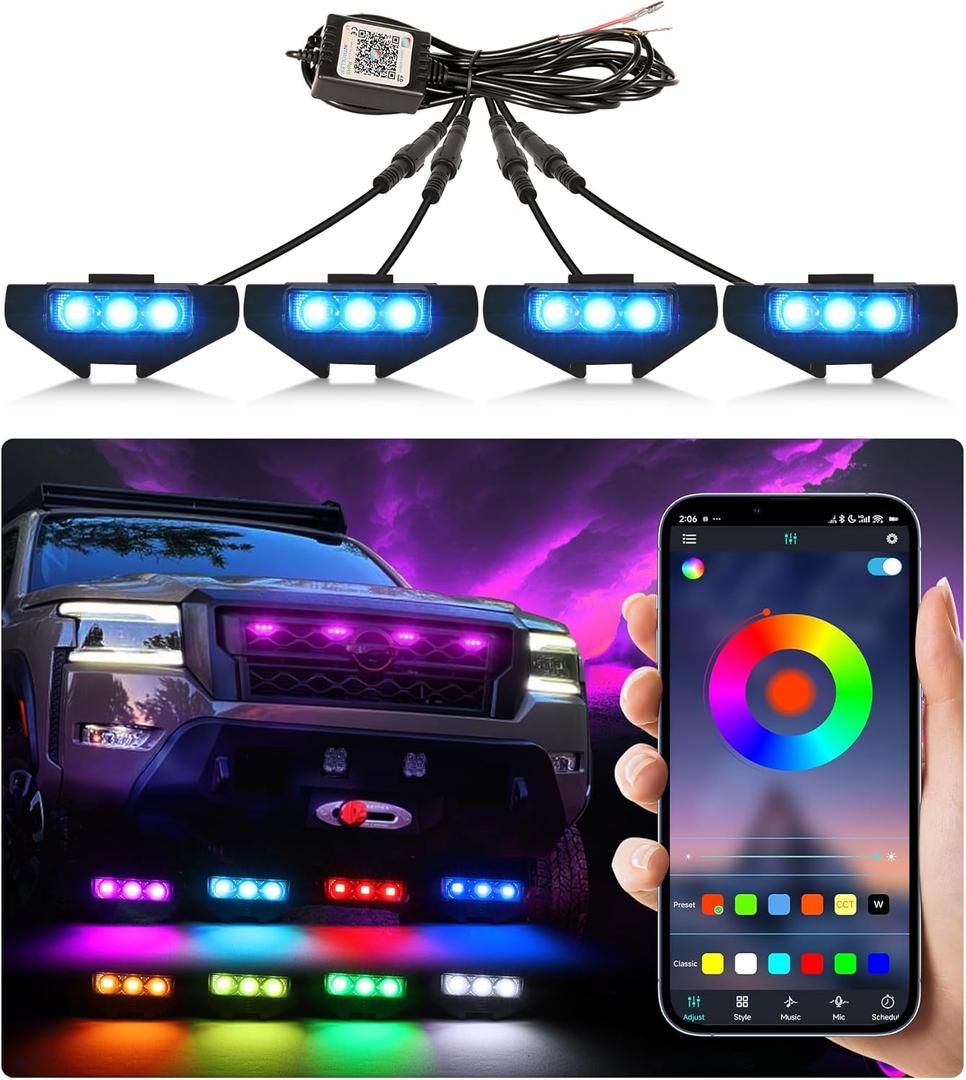 Grill Lights for Nissan Frontier 2022-2024 Front Bumper Grille Marker Accent Head Lamps DRL PRO 4X X S SV SL Accessories (RGB)