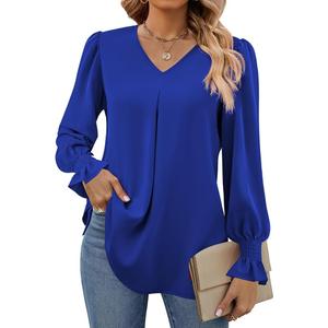 Funlingo Women's 2026 Long Sleeve Tops Dressy Casual V Neck Tunic Shirts Loose Chiffon Work Blouse
 M