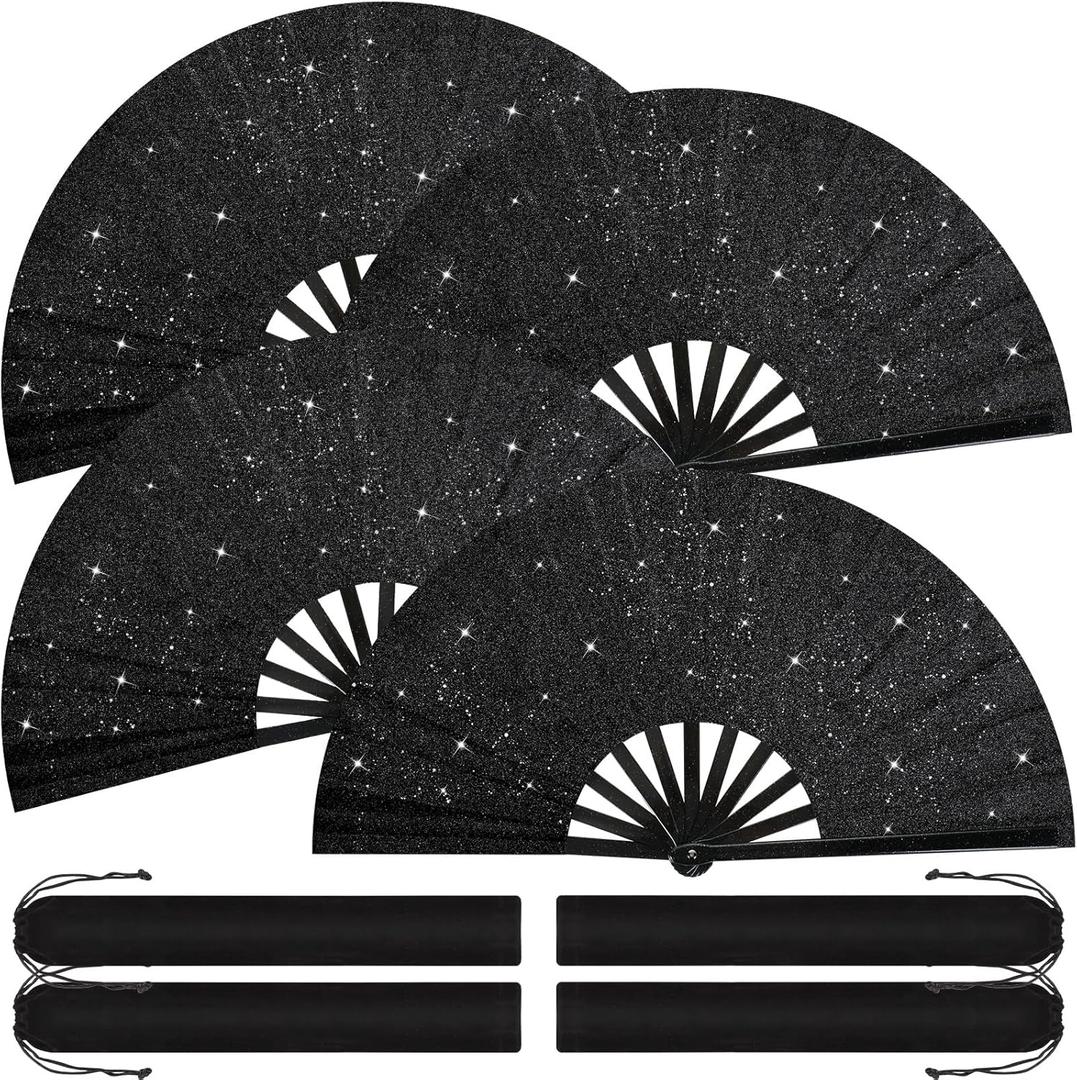 Blulu 4 Pcs 13 Inch Large Folding Hand Fans Bulk Giant Clapping Popping Rave Fans Foldable for Line Dancing Boots on The Ground Festival Party Decoration (Glitter Black,Chic Style)