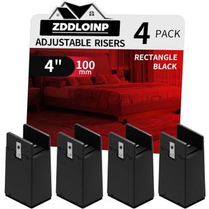 Bed Risers with Adjustable Screw Clamp, Fits Thickness of Furniture Frame from 0 to 1.5 Inch, Furniture Risers 4 Inch Heavy Duty Risers for Table Cabinet Support up to 5000lbs (4Pack, Black)