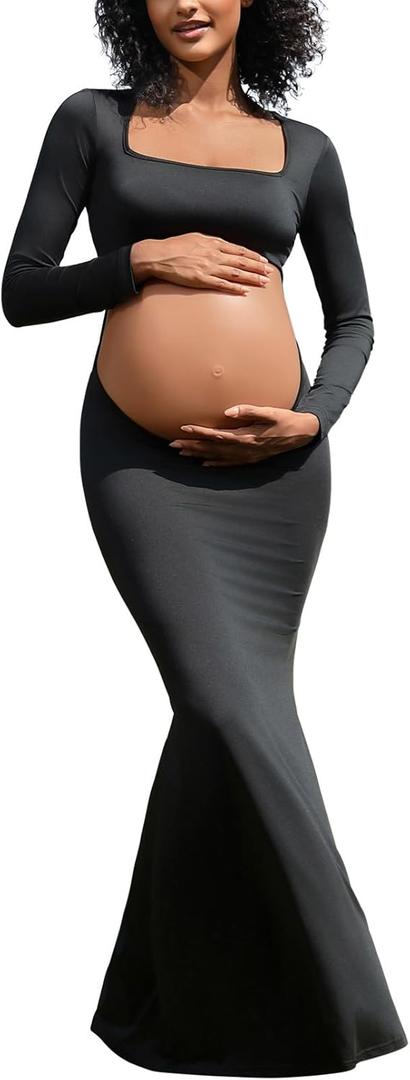 Bhome Maternity Photoshoot Dress Long Sleeve Sexy Cut-Out Backless Maternity Maxi Gown Photography Outfits (Large, Black-upgraded Fabric)