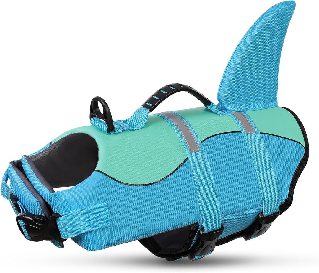 Queenmore Shark Dog Life Jacket, Dog Life Vests for Boating, High Buoyant Pet Life Vest for Swimming, Adjustable Easy On Life Jackets for Small, Medium, Large Dogs (Pool Blue,L)