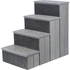 Trixie Velour Dog Stairs with Tread Steps - 4 Step Pet Stairs for Beds and Couches - Foldable with Additional Storage Space - Gray