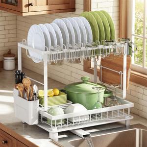 Multifunctional Dish Drying Rack - Rustproof, 2-Tier Dish Racks with Drainboard, Space-Saving Design, Utensil & Cup Holder for Kitchen Counter, White
