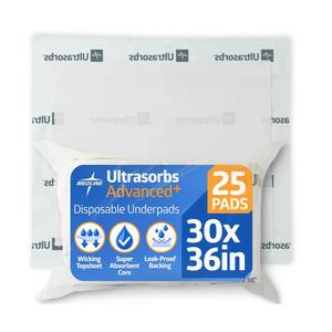 Medline Ultrasorbs Drypads, 30" x 36", 25 Count, Super Absorbent Disposable Bed Pads, Large Incontinence Bed Pads, Chucks Protective Underpads, 10 Times More Absorbent, For Adults, Elderly