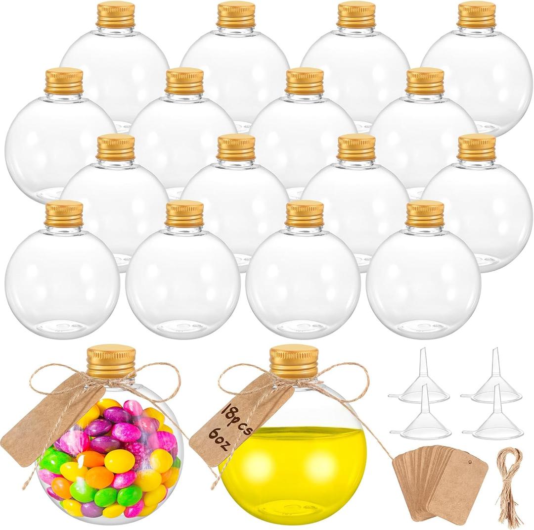18 Pcs 6 oz Spherical Plastic Potion Bottles Ball Shape Sand Art Bottles with Funnel Christmas Booze Balls Cocktail Ornament Balls Candy Jar for DIY Wedding Party Crafts Decoration(Gold, Aluminum Cap)