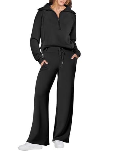 ANRABESS Women 2 Piece Outfits 2025 Fall Fashion Airport Wide Leg Pants Lounge Set Leisure Travel Vacation Clothes Sweatsuits Black Medium