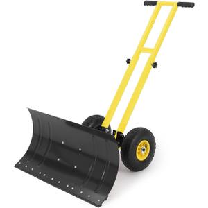 Snow Shovel with Wheels, 29W x 14H Back Saver Snow Pusher with Adjustable Double Rod, Rubber Wheels, Heavy-Duty Metal Plow Blade, 5-Position Adjustment for Driveway & Sidewalk, Black & Yellow