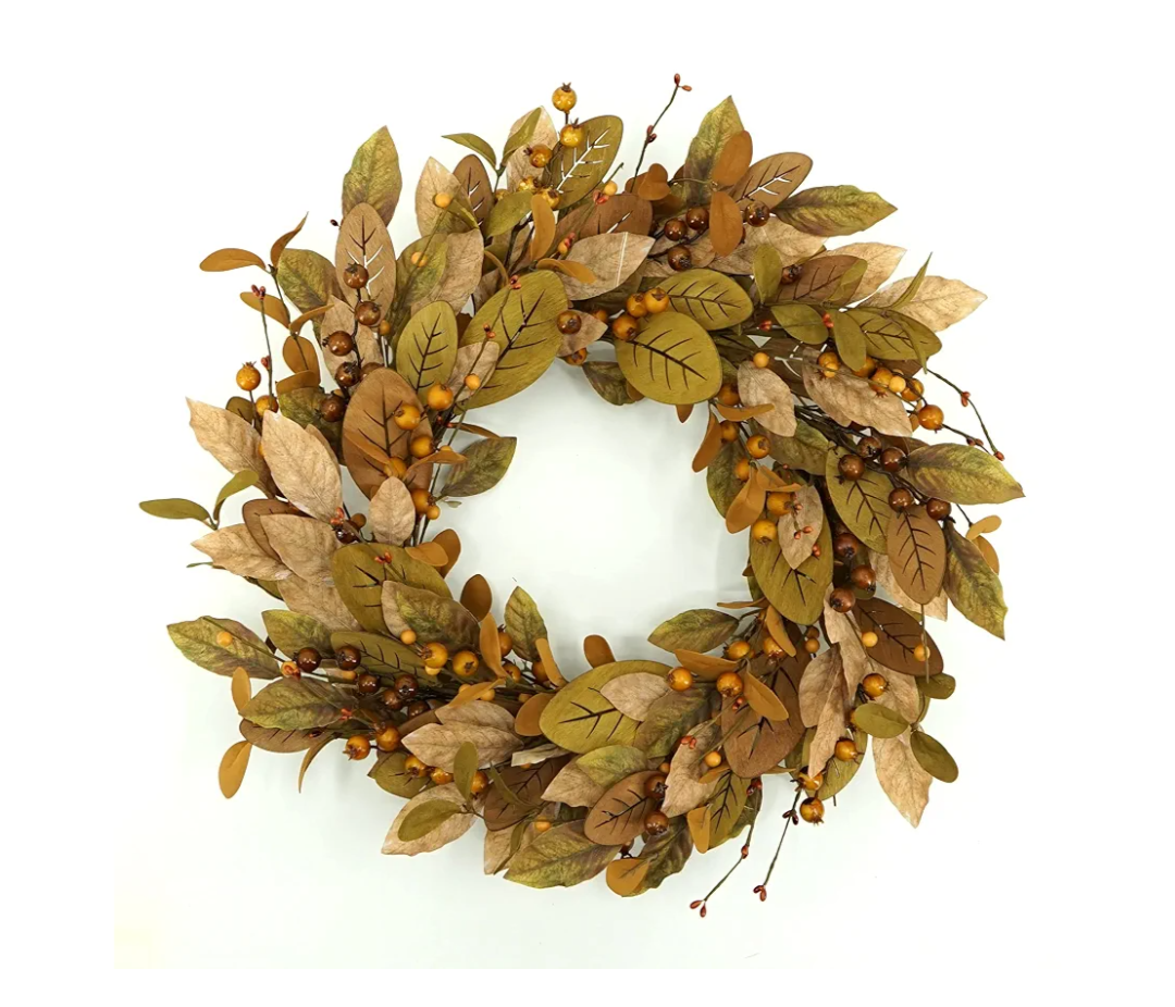 20'' Fall Wreath Autumn Wreath for Front Door with Brown Magnolia Leaves and Small Pomegranate Fruits for Home Outdoor Farmhouse Porch Wall Window Decoration,Brown Gift Box Included