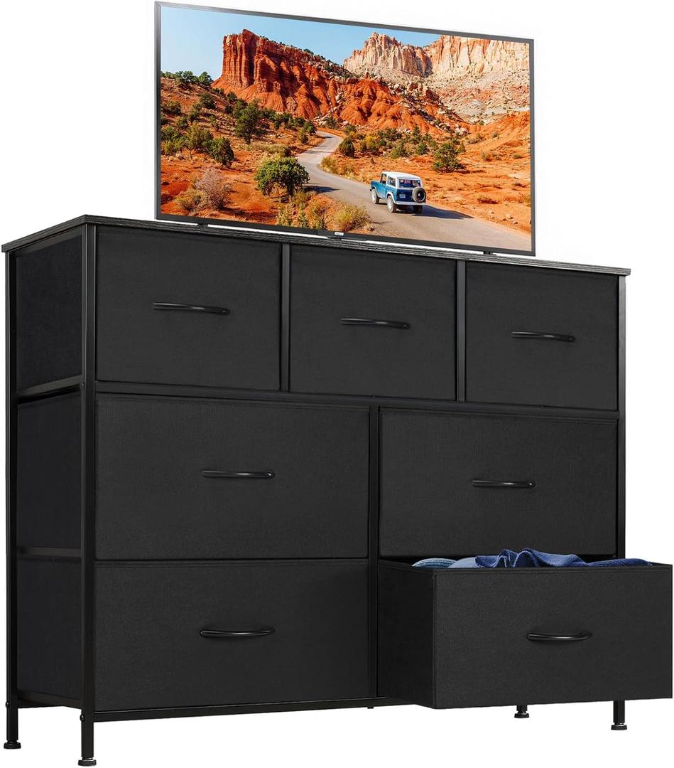 DUMOS TV Stand Dresser for Living Room Bedroom with 7 Fabric Drawer, Entertainment Center Chest Storage Organizer Units for Clothing, Closet, Cabinet, Living Room Furniture, Classic Black