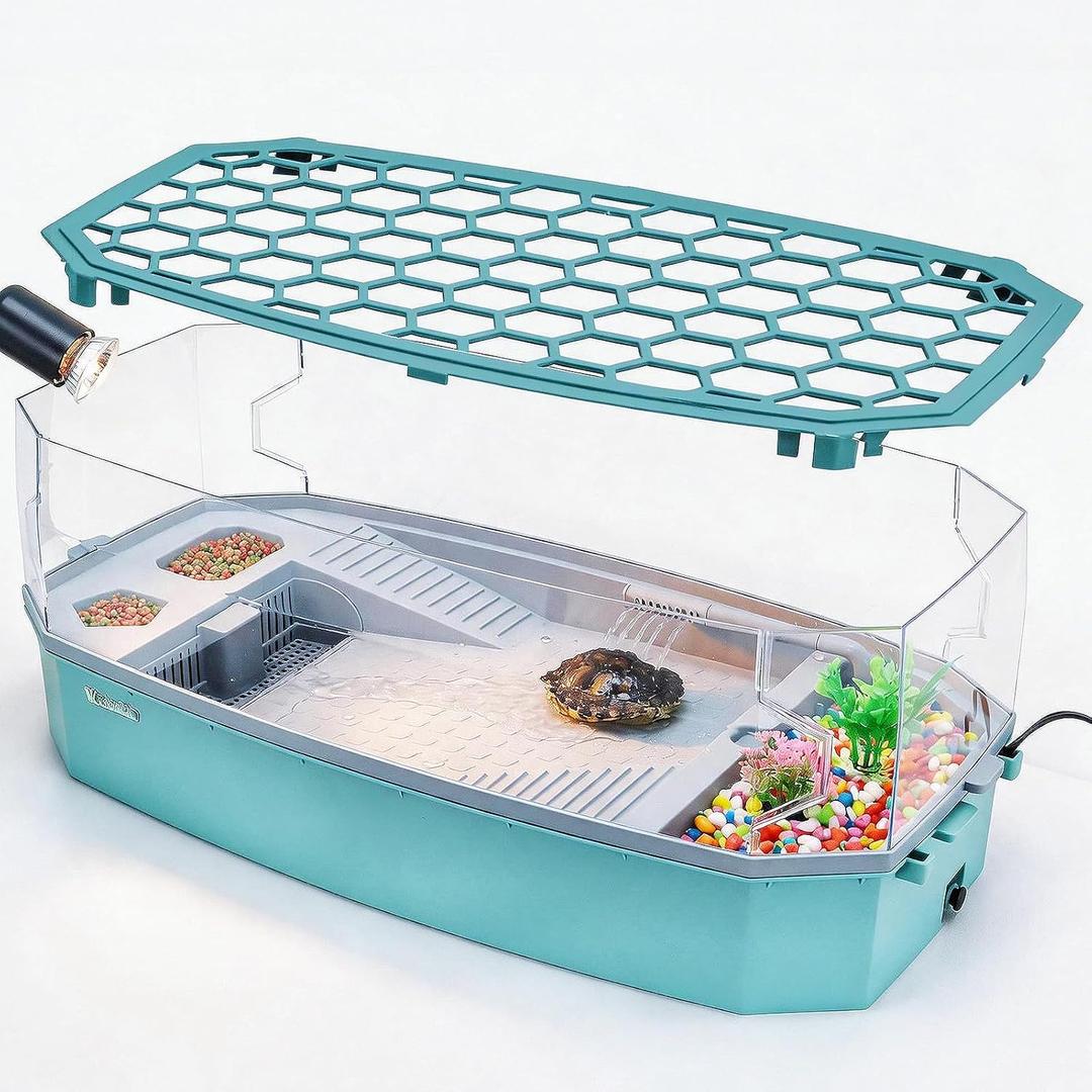 Large Turtle Tank Aquarium Kit with Basking Platform 3-Stage Filter Heating Lamp Anti-Escape Lid Complete Habitat for Aquatic Box Turtles (Green, 25.412.29.5 Inch)