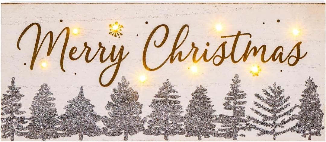 Merry Christmas Decor with Timer LED Lighted Shiny Christmas Tree Decorations Farmhouse Winter Wooden Tabletop Vintage Rustic Sign for Home Table House Kitchen