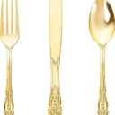 Joyido 90 Pieces Gold Plastic Silverware - Heavy Duty Gold Disposable Utensils - Fancy Plastic Cutlery Set Includes 30 Forks, 30 Spoons, 30 Knives for Dinner Parties Weddings