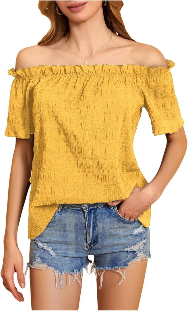 MakeMeChic Women's Summer Off Shoulder Tops Ruffle Short Sleeve Dressy Casual Blouse Top (Yellow, XL)