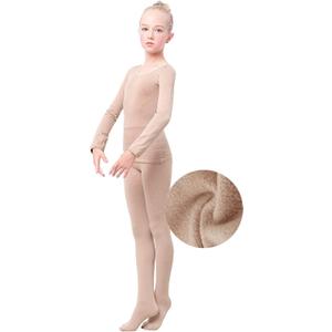 Daydance Nude Kids Girls Base Layers Set Tan Active Undergarments for Dance, Ballet, Gymnastics, Performance in Winter (3T / 4T, Nude-fleece Lined)