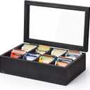 Alsonerbay Wooden Tea Box Tea Bag Holder Kitchen Storage Chest Box for Spice Pouches and Sugar Packets with 8 Compartments and Glass Window Weathered Black