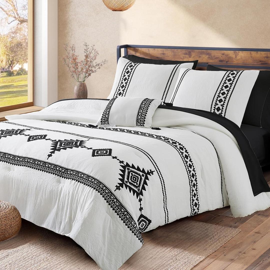 MaiRêve Embroidery Comforter Set King Size 7 Pieces, Boho Farmhouse Western Bedding All Season Bed in A Bag, White Black King Comforter Set with Sheets, Pillowcases & Shams