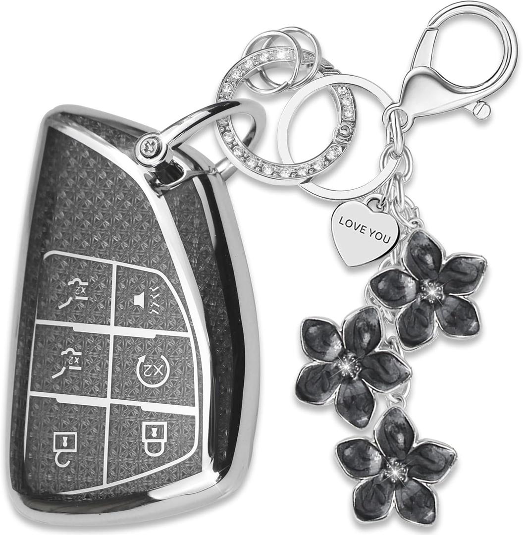 Black TPU Key Fob Cover with Sakura Flower Keychain Compatible with Chevy Suburban Tahoe GMC Yukon Yukon XL 1500 Denali 6-Button Smart Key for Women