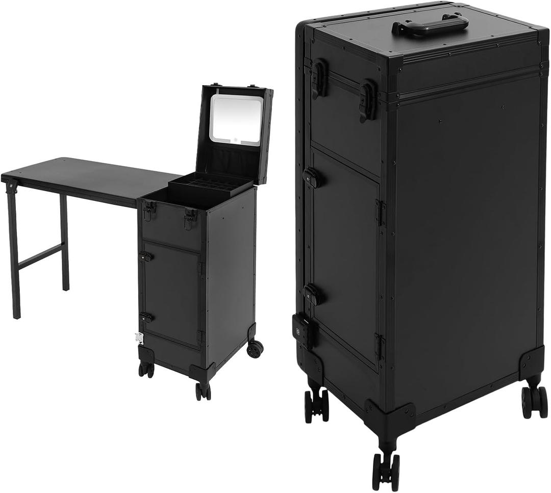 Rolling Manicure Table Foldable Nail Desk w/3 Drawers LED Mirror & Nail Polish Organizer, Portable Travel Nail Desk with storage on Wheels Lockable Makeup Train Case (Black)