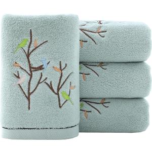 Pidada Hand Towels Set of 4 Embroidered Bird Tree Pattern 100% Cotton Absorbent Soft Decorative Towel for Bathroom (Aqua Green) (13.8 x 29.5)