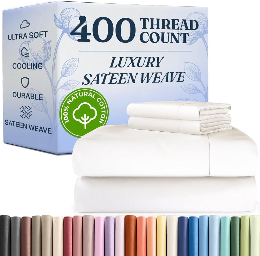 400 Thread Count Cotton Sheet Set - Queen Size 100% Cotton Sheets - Easily Fits 8" to 16" Mattress - Silky-Soft, Wrinkle Free, Breathable and Comfy - Deep Pockets & Hotel Quality Bedding Set - White
