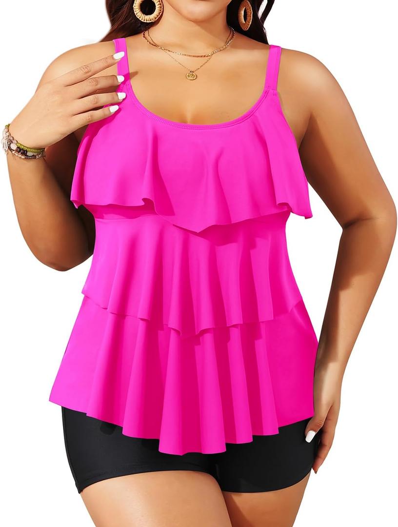 Yonique Womens Plus Size Tankini Swimsuits with Black Shorts Flounce Two Piece Bathing Suit Hot Pink Swimwear XXL