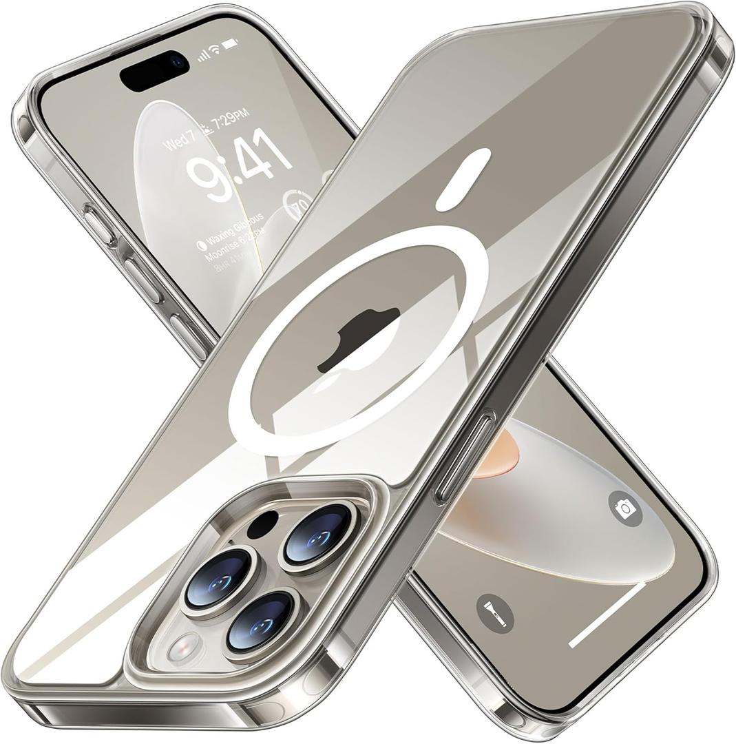 TORRAS Magnetic Shockproof for iPhone 15 Pro Case, [Military-Grade Drop Tested][Compatible with MagSafe] Clear Hard PC Back with Silicone Slim Protective Cover Anti-Fingerprint, Clear