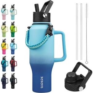 BJPKPK Insulated Water Bottles with Straw Lid, 35oz Metal Water Bottle with 2 lids & Paracord Strap, Double Wall Stainless Steel Tumbler with Handle, Reusable Cups, Mugs, Thermos, Sky
