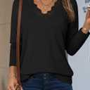 Dokotoo T Shirts for Women Casual Long Sleeve V Neck Lace Trim Tops Lightweight Solid Color Basic Tees Blouses (XL)