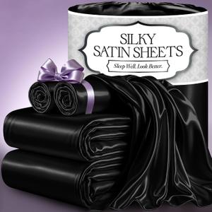 DECOLURE Satin Bed Sheets - 4 Piece Luxury Silky Queen Size Bedding Set - Softer Than Silk, Wrinkle-Free with 15 Deep Pocket Fitted Sheet, Perfect for Hair & Skin, Gifts for Women (Black)