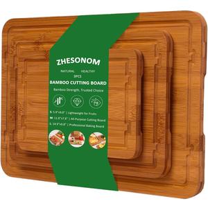 Bamboo Cutting Boards for Kitchen Meal Prep & Serving Set of 3, Wooden Chopping Boards with Juice Grooves & Handles for Meat, Vegetables Easy Clean Ideal Kitchen Gift for Home Cooks & Wedding