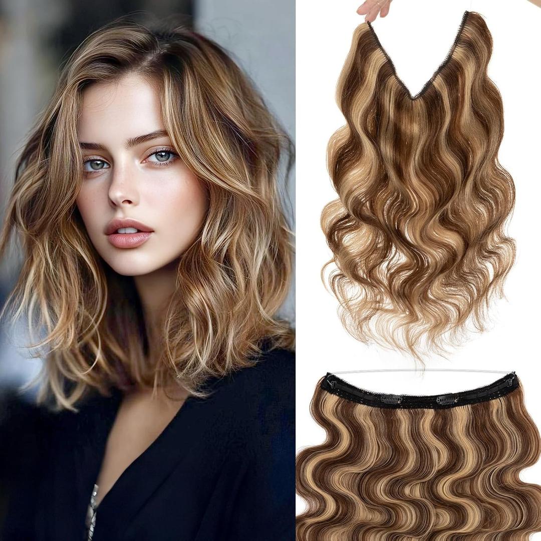 Rich Choices Short Halo Hair Extensions Real Human Hair Wave/Curled Remy Hairs Halo Extension for Women Invisible Wire Hairpiece for Short Hairs 12 Inch #4P27 Medium Brown Highlight Dark Blonde