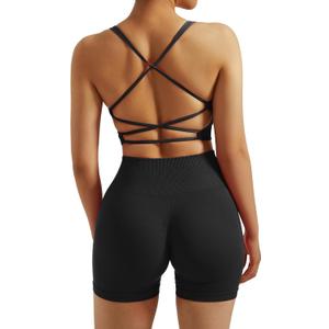 RXRXCOCO Seamless Workout Sets for Women 2 Piece Strappy Sports Bras Scrunch Butt Booty Shorts Matching Yoga Tracksuits (Small, Black)