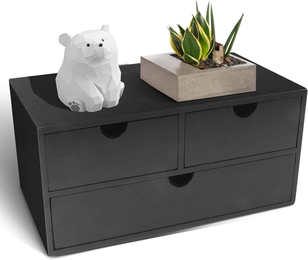 Charmewooden Bamboo Desk Organizer with 3 Drawers, Countertop Organizer with Drawers Makeup Storage Drawer 3 Drawer Tabletop Storage Organization Box Home Office WorkspaceBlack