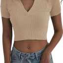 Women Knit Crop Polo Shirts,Summer Short Sleeve Ribbed Collared T-Shirt Solid Fitted V Neck Tops (M)