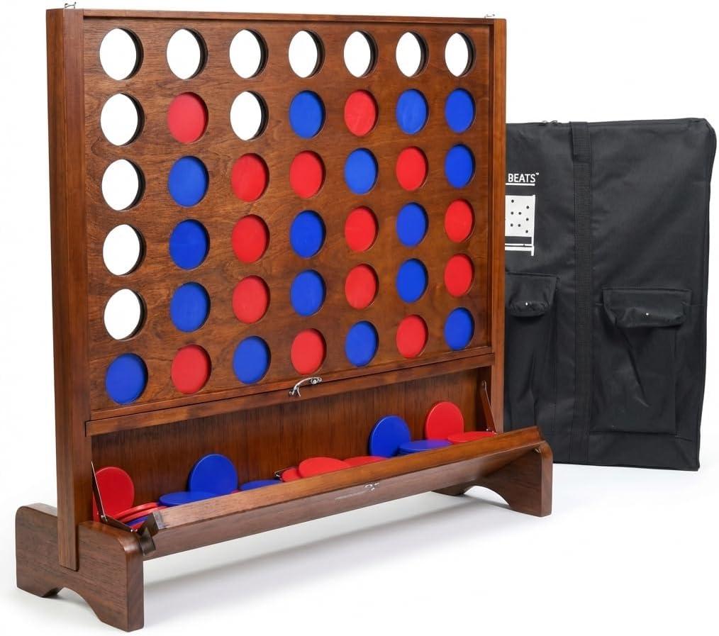 Giant Wooden 4 in A Row Game with Folding Catch Tray, Wall-Mountable or Ground Play, Indoor Outdoor & Backyard Game, Includes Carry Case and Detachable Legs
