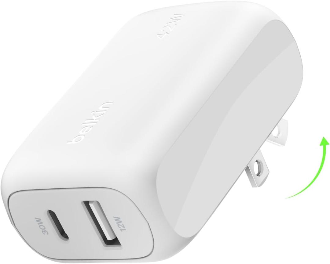 Belkin 42W Dual Port Charger Block, USB-C + USB-A Charger Super Fast Charging - Samsung Galaxy S25, Apple iPhone 17, Air, Pro, Pro Max, iPad, AirPods, Apple Watch, Nintendo Switch 2 & More - White